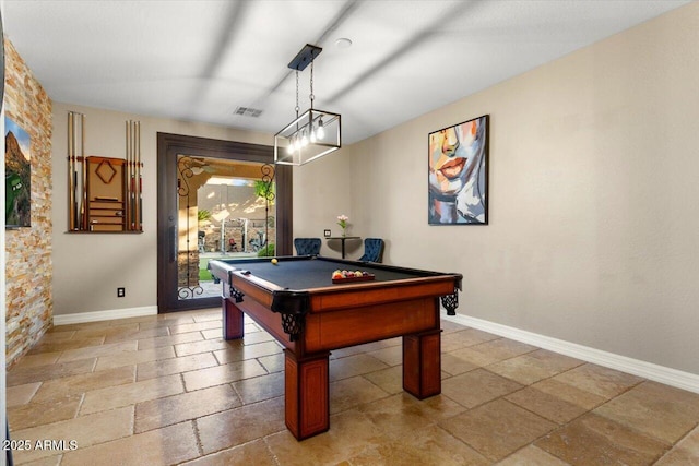 rec room featuring billiards, stone tile floors, visible vents, and baseboards