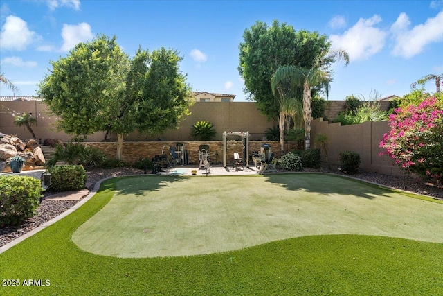 view of yard with a fenced backyard and a patio