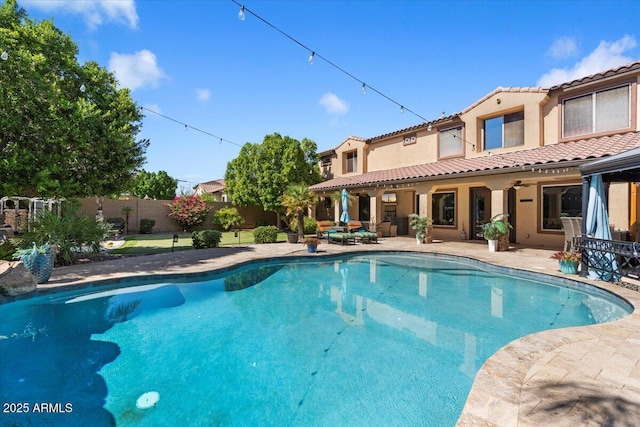 view of pool with a fenced in pool, a patio, and fence