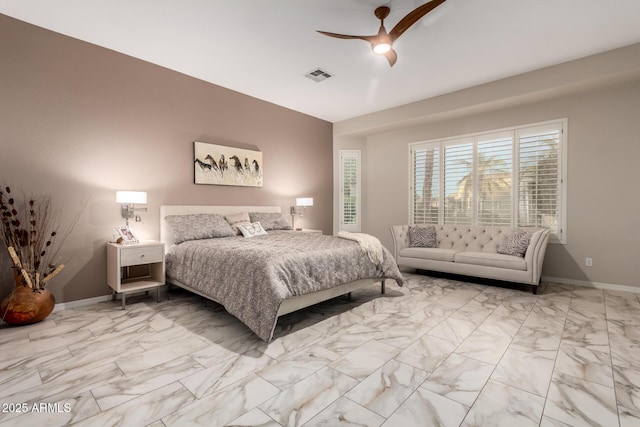 bedroom featuring a ceiling fan, baseboards, visible vents, and marble finish floor