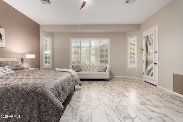 bedroom with baseboards, visible vents, and marble finish floor