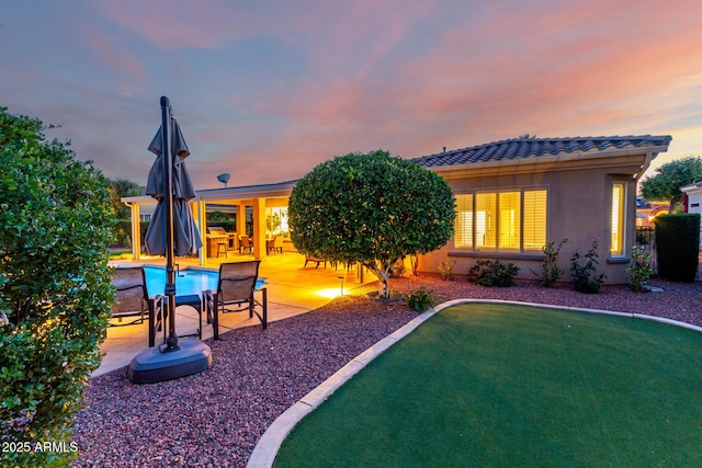 rear view of house featuring a patio, stucco siding, a tile roof, and a pool