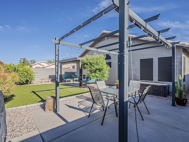 view of patio with outdoor dining area, a pergola, and a fenced backyard