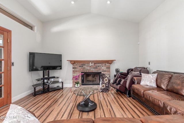 15825 N 45th St, Phoenix, AZ 85032 - living area with wood finished floors, baseboards, lofted ceiling, a fireplace, and recessed lighting