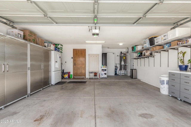 15825 N 45th St, Phoenix, AZ 85032 - garage with strapped water heater, white refrigerator with ice dispenser, and a garage door opener