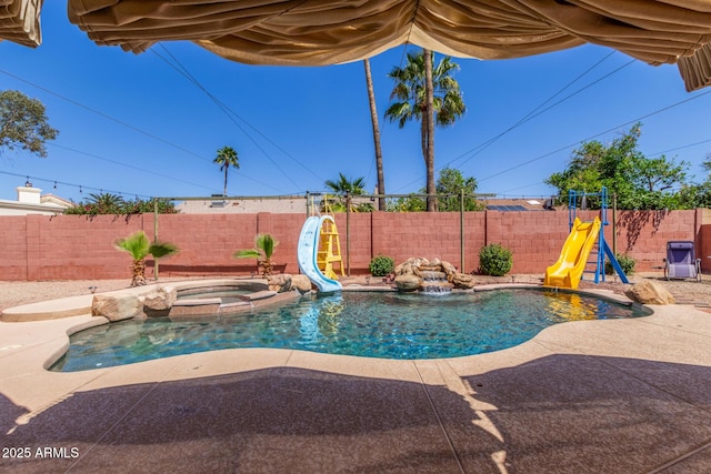 15825 N 45th St, Phoenix, AZ 85032 - view of pool featuring a water slide, a fenced backyard, a patio area, and a pool with connected hot tub