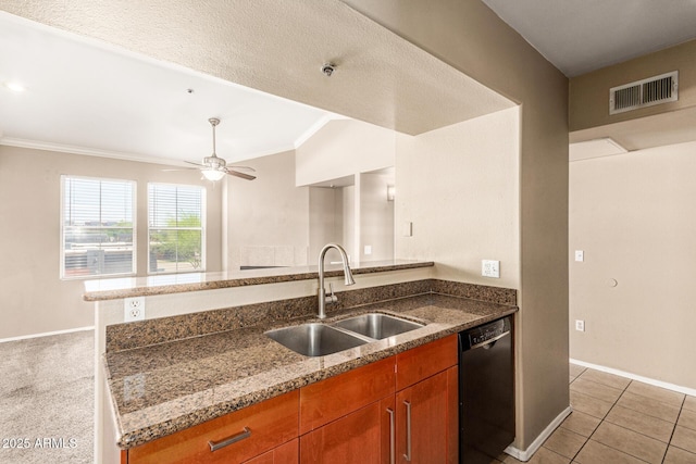 2134 E Broadway Rd Unit 2030, Tempe, AZ 85282 - kitchen with dishwasher, a sink, brown cabinets, stone countertops, and crown molding