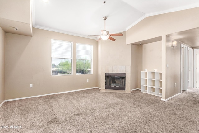 2134 E Broadway Rd Unit 2030, Tempe, AZ 85282 - unfurnished living room with crown molding, a ceiling fan, carpet flooring, a fireplace, and vaulted ceiling