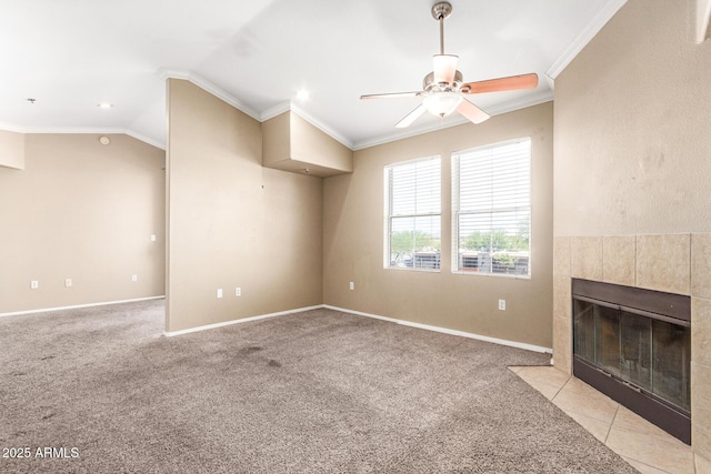 2134 E Broadway Rd Unit 2030, Tempe, AZ 85282 - unfurnished living room featuring ornamental molding, ceiling fan, a fireplace, lofted ceiling, and light carpet
