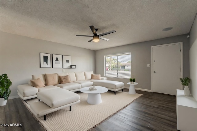 11210 S Bannock St, Phoenix, AZ 85044 - living area with a ceiling fan, a textured ceiling, and dark wood-type flooring