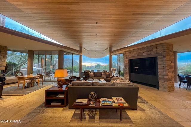 tiled living room with wooden ceiling