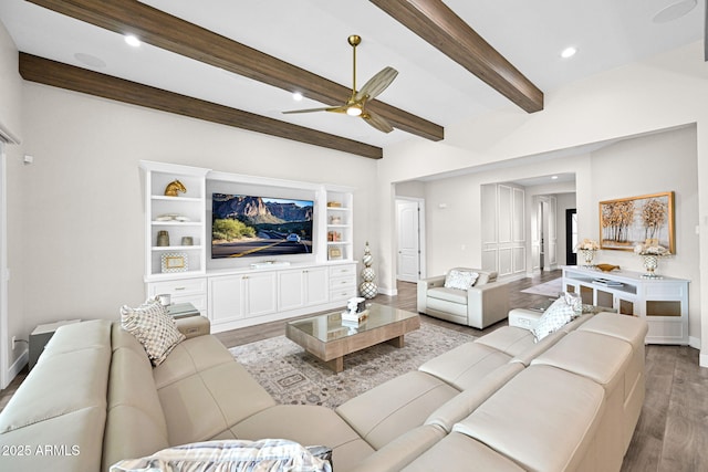 living area with baseboards, a ceiling fan, wood finished floors, beam ceiling, and recessed lighting