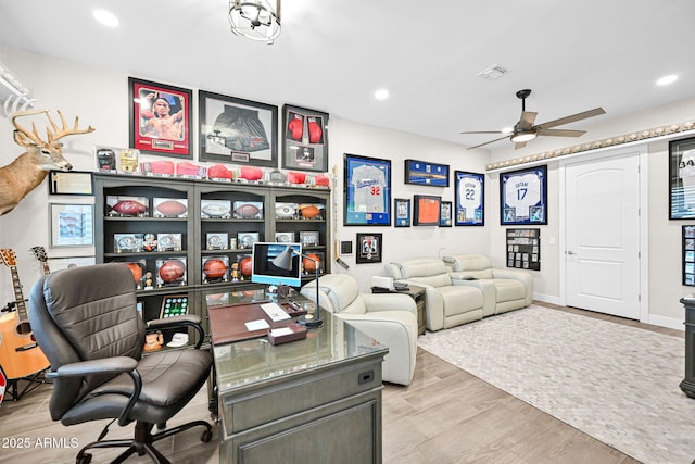 office space with ceiling fan, baseboards, wood finished floors, and recessed lighting