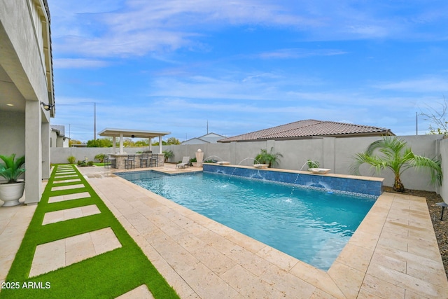 view of pool featuring outdoor dry bar, a patio, a fenced backyard, and a fenced in pool