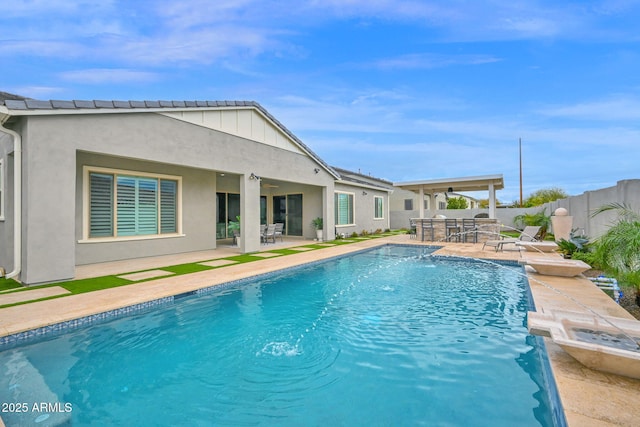 view of swimming pool featuring a fenced in pool, a patio, ceiling fan, fence, and outdoor dining area