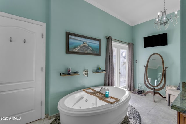 bathroom featuring crown molding, tile patterned floors, a tub to relax in, and a notable chandelier