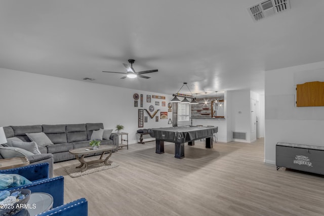 rec room with billiards, light hardwood / wood-style floors, and ceiling fan