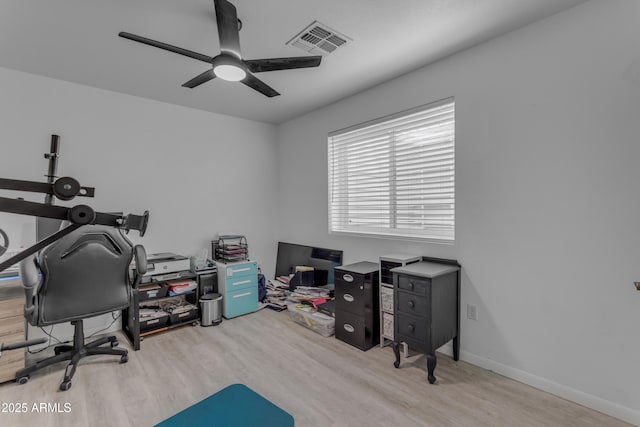 office area featuring light hardwood / wood-style floors and ceiling fan