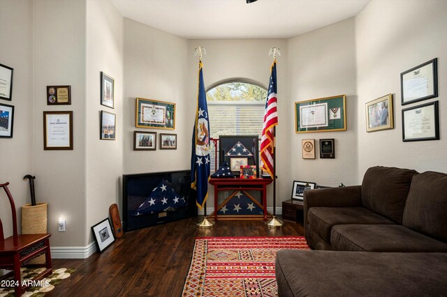 living room with dark hardwood / wood-style floors and a high ceiling