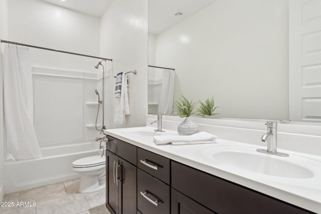 11872 W Duane Ln, Peoria, AZ 85383 - bathroom featuring double vanity, shower / bath combo, toilet, and tile patterned floors