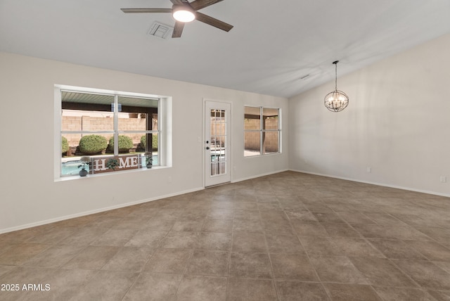 unfurnished room with baseboards, visible vents, lofted ceiling, and ceiling fan with notable chandelier