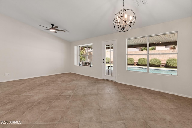 unfurnished room with visible vents, tile patterned flooring, baseboards, ceiling fan with notable chandelier, and vaulted ceiling