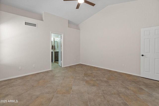 spare room featuring a ceiling fan, visible vents, light tile patterned floors, high vaulted ceiling, and baseboards