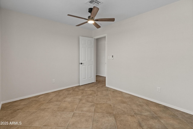 spare room featuring visible vents, baseboards, and ceiling fan