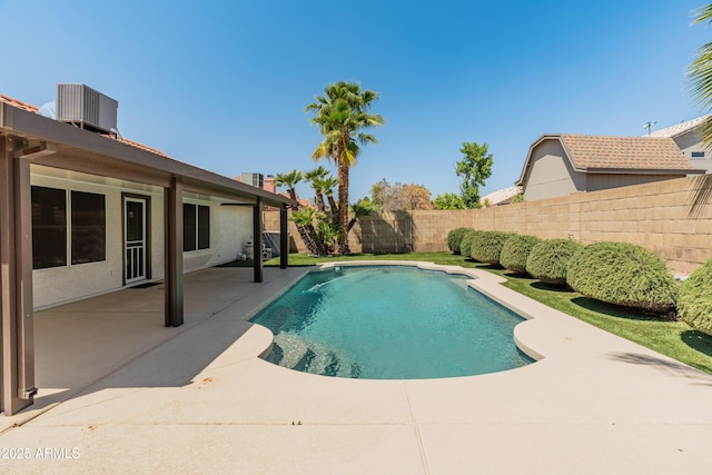 view of swimming pool with central AC, a fenced in pool, a fenced backyard, and a patio area