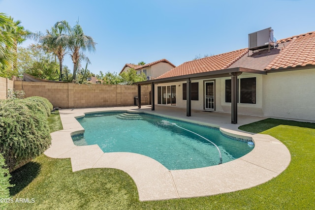 view of pool with central air condition unit, a patio, a fenced in pool, and a fenced backyard