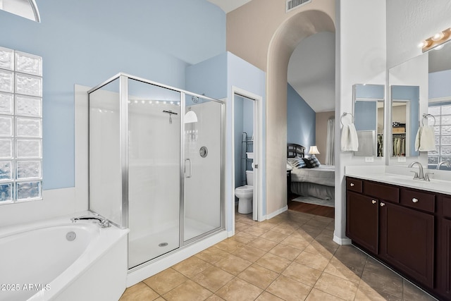 bathroom with a shower stall, a bath, vanity, visible vents, and plenty of natural light
