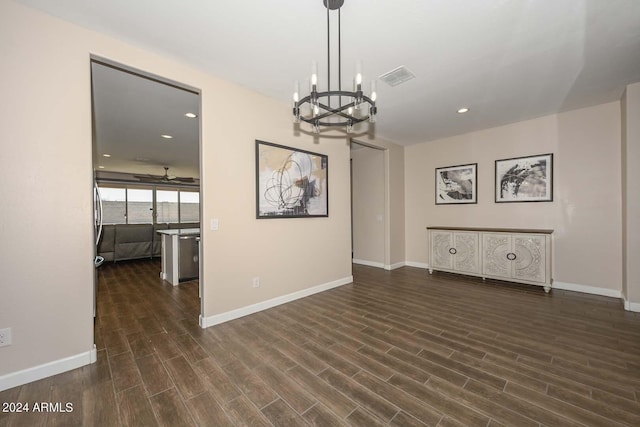 unfurnished dining area featuring recessed lighting, baseboards, visible vents, and dark wood-style flooring