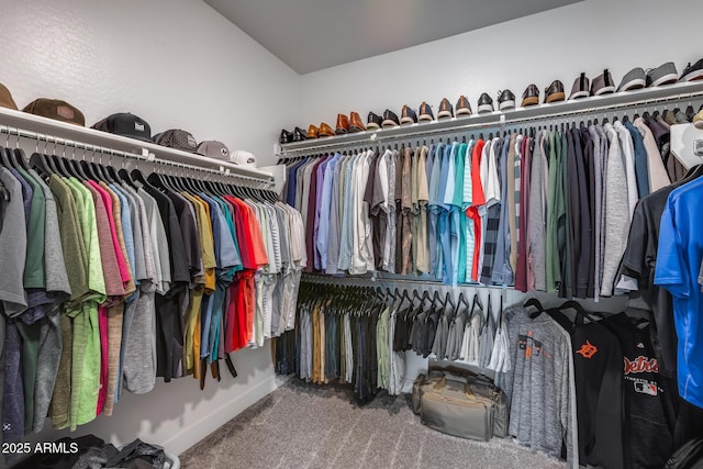 spacious closet with lofted ceiling and carpet flooring