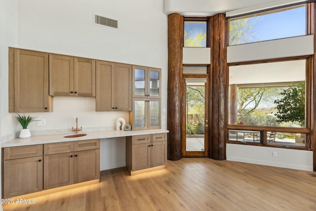 11334 E Troon Vista Dr, Scottsdale, AZ 85255 - kitchen featuring a high ceiling, light wood finished floors, light countertops, visible vents, and a sink