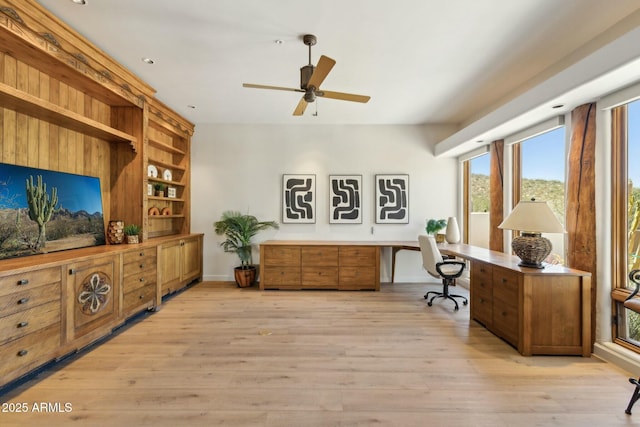11334 E Troon Vista Dr, Scottsdale, AZ 85255 - office with light wood finished floors, built in study area, built in shelves, and ceiling fan