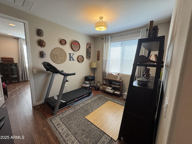 exercise room featuring dark hardwood / wood-style flooring