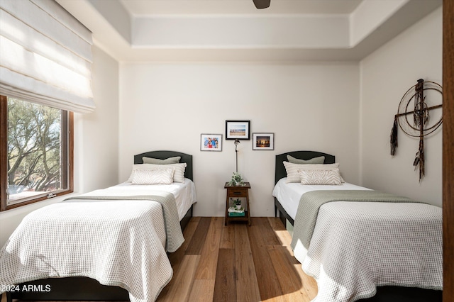 bedroom featuring hardwood / wood-style flooring and a tray ceiling