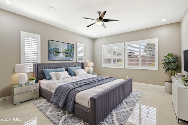 bedroom featuring visible vents, recessed lighting, baseboards, and ceiling fan