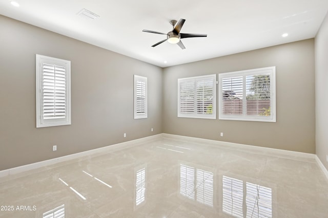 unfurnished room featuring visible vents, recessed lighting, baseboards, and ceiling fan