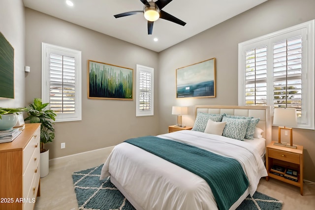 bedroom featuring recessed lighting, baseboards, and ceiling fan