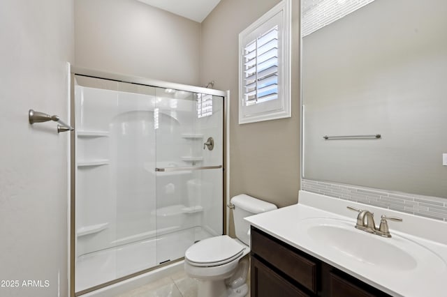 bathroom featuring vanity, a shower stall, toilet, and tile patterned flooring