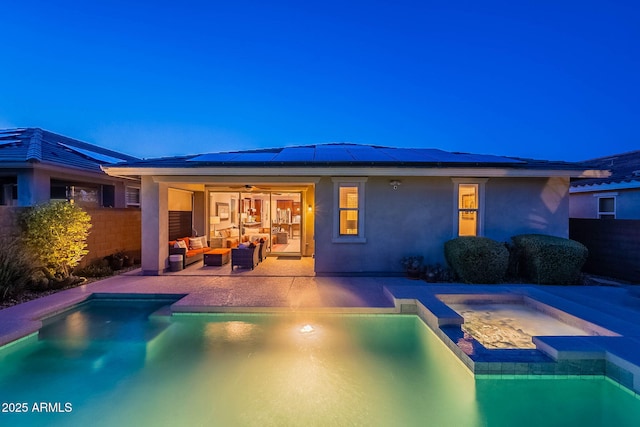 13719 W Amberwing St, Peoria, AZ 85383 - view of pool featuring outdoor lounge area, ceiling fan, a fenced backyard, a patio area, and a pool with connected hot tub