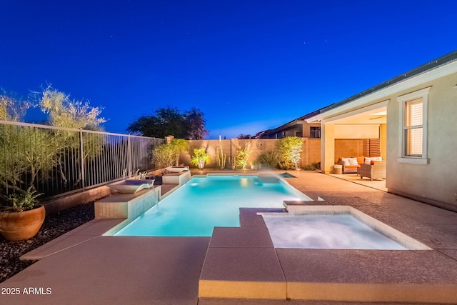 13719 W Amberwing St, Peoria, AZ 85383 - view of swimming pool featuring an in-ground hot tub, a patio area, an outdoor living space, and a fenced backyard