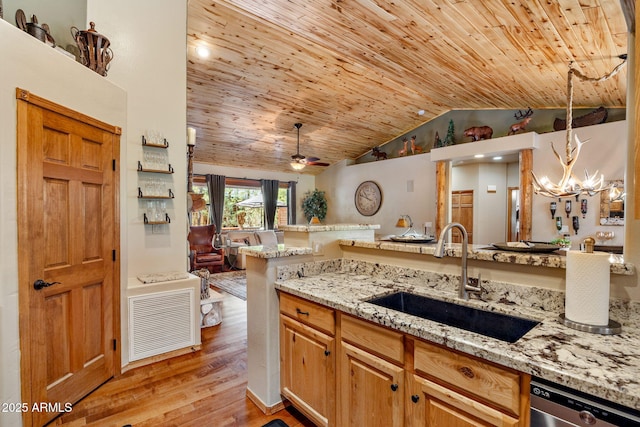 2640 W Maple Ln, Show Low, AZ 85901 - kitchen featuring a sink, dishwasher, open floor plan, vaulted ceiling, and wood ceiling