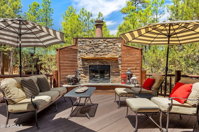 2640 W Maple Ln, Show Low, AZ 85901 - wooden terrace featuring an outdoor living space with a fireplace