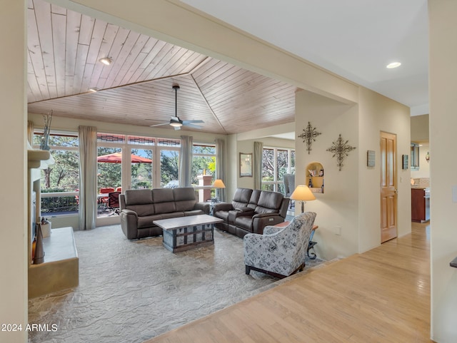 living room with lofted ceiling, ceiling fan, wooden ceiling, and light hardwood / wood-style floors