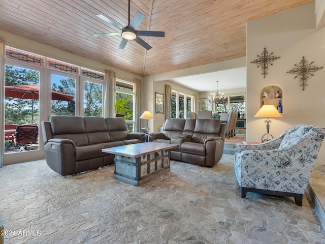 living room featuring ceiling fan with notable chandelier, vaulted ceiling, and wooden ceiling