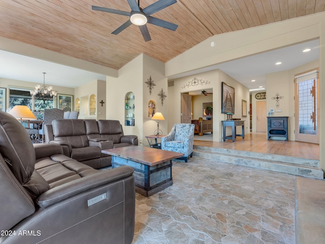 living room featuring ceiling fan with notable chandelier, light hardwood / wood-style floors, wood ceiling, and vaulted ceiling