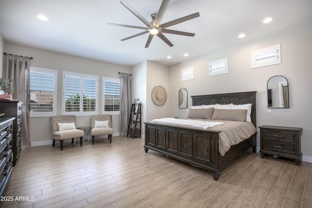 3118 E Gary Way, Phoenix, AZ 85042 - bedroom featuring recessed lighting, baseboards, light wood finished floors, and a ceiling fan