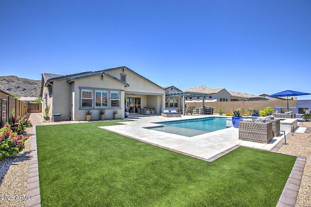 3118 E Gary Way, Phoenix, AZ 85042 - view of swimming pool with an outdoor living space, a patio, and a ceiling fan